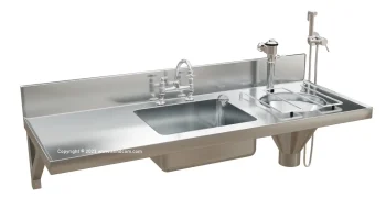 SS-AR16R Slop hopper basin combo with flush valve and deck mounted kitchen sink mixer. stainless steel slop hopper basin combination SS-AR16R SS-AR16L 1600mm